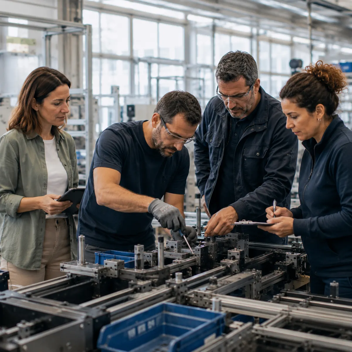 Ergonome prenant des notes pendant que des opérateurs interviennent sur une machine
