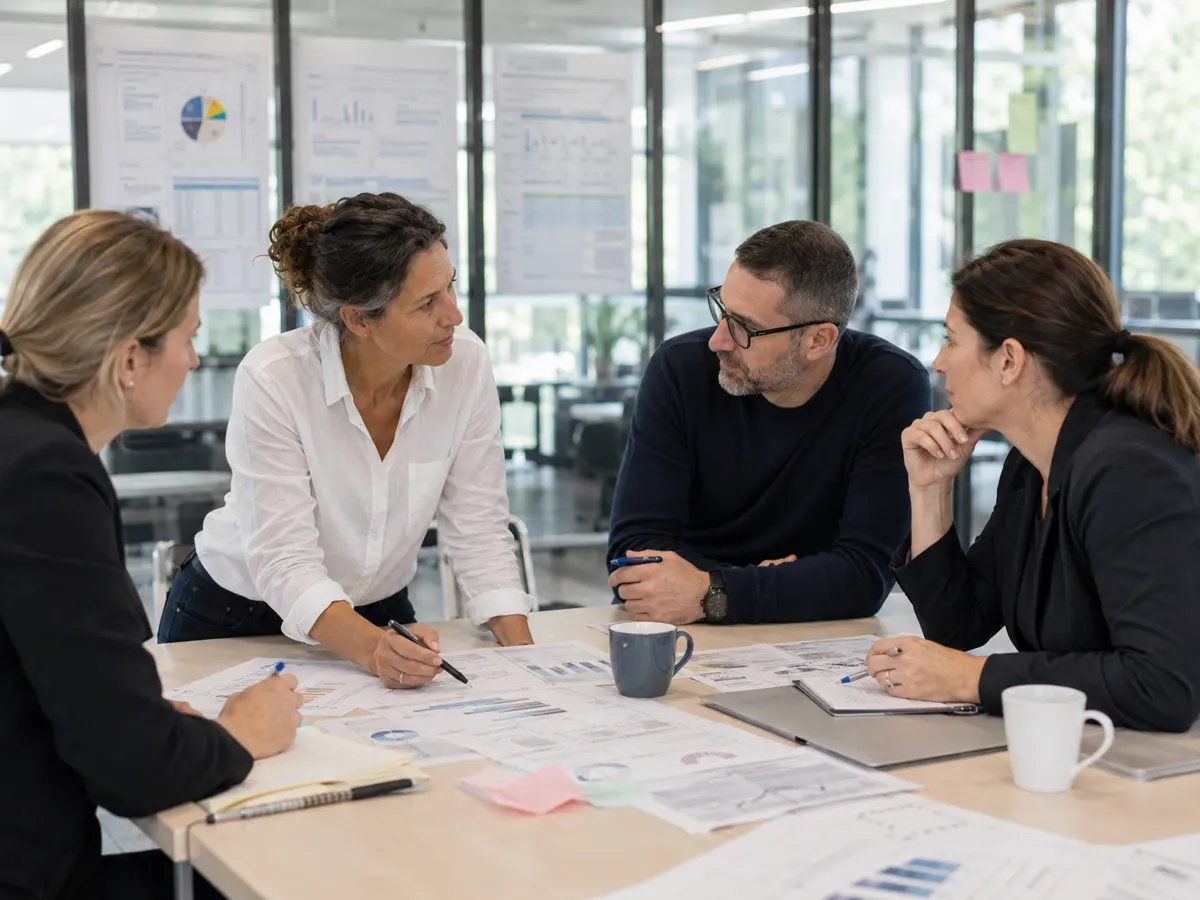 Groupe de travail annotant des plans autour d'une table