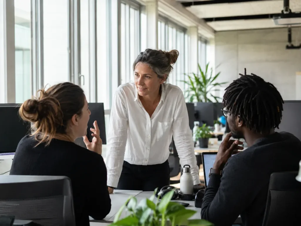 Échange entre une ergonome et deux salariés à leur bureau